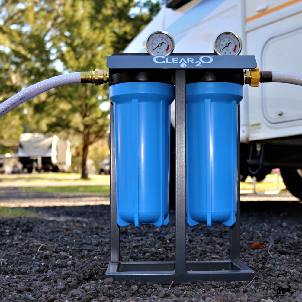 Essential RV Water Filter System with Blue Cage and Hose Fittings